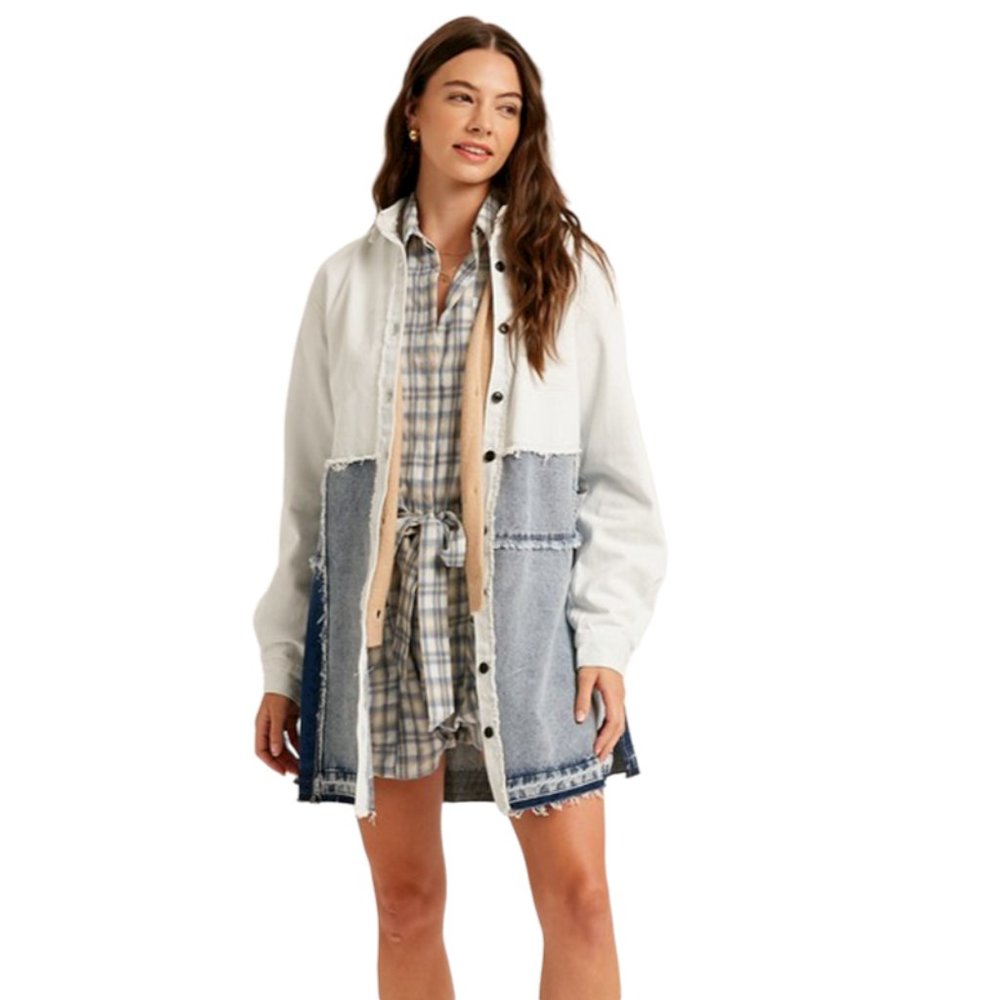 Listicle Color Block Denim Spliced Raw Hem Shirt Jacket